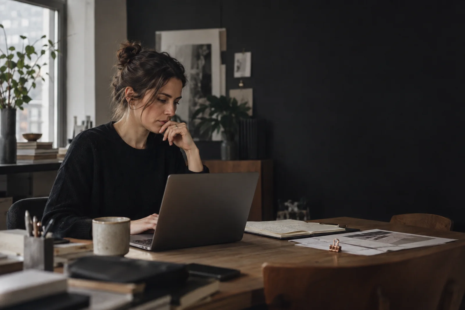A professional reviewing work at a laptop in a quiet studio