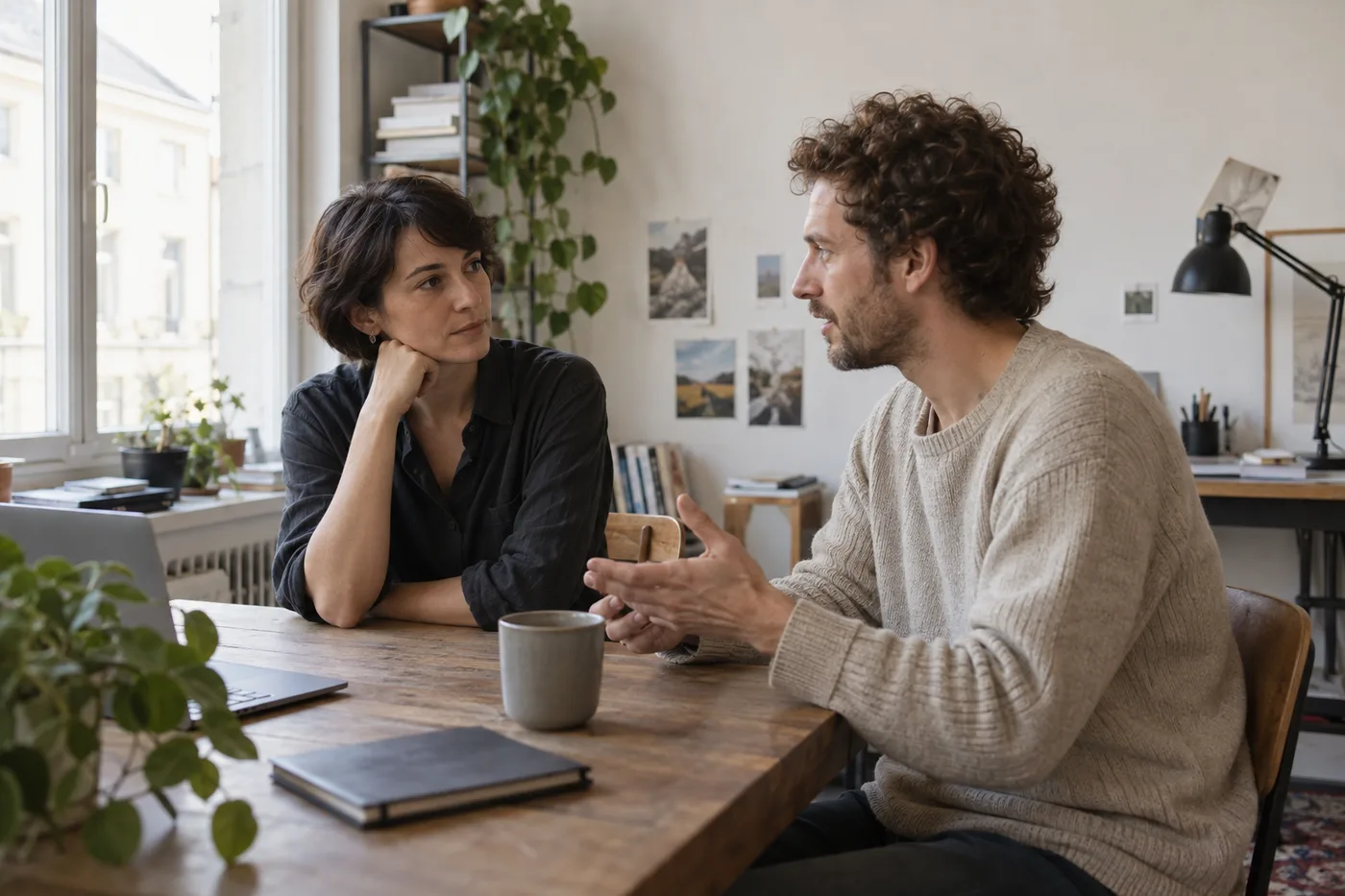 Illustrative scene of two people talking over a notebook at a window-side table